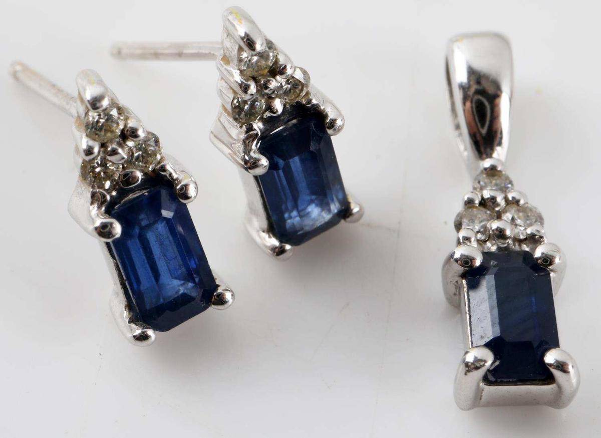 DIAMOND & SAPPHIRE EARRINGS & PENDANT SET 14K GOLD