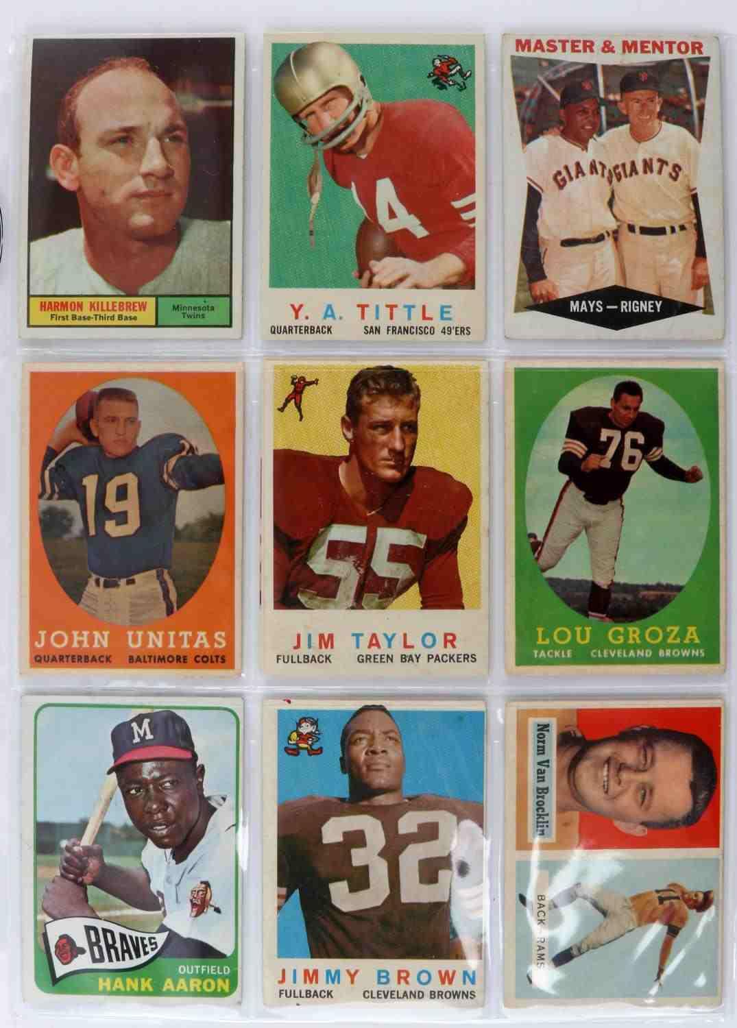 9 BASEBALL FOOTBALL CARDS BERRA  AARON MAYS UNITAS