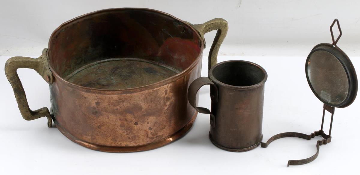 LOT OF CIVIL WAR ITEMS MIRROR CUP COPPER POT