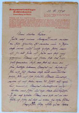 WWII CONCENTRATION CAMP LETTER SACHSENHAUSEN