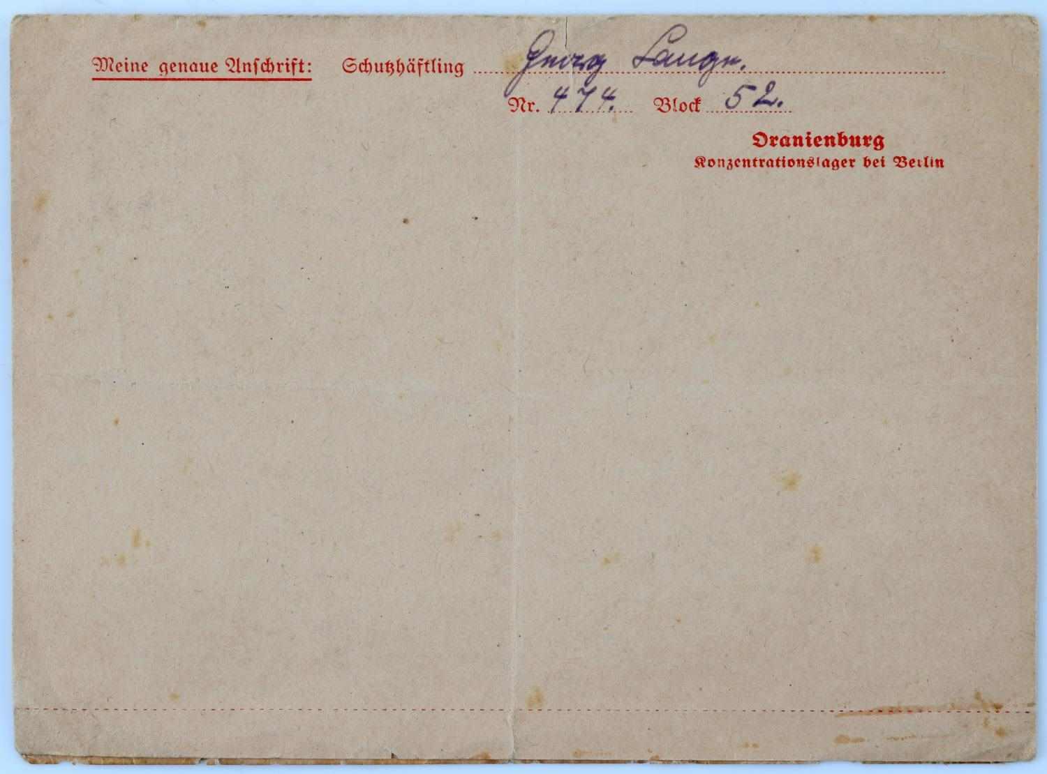 WWII CONCENTRATION CAMP LETTER SACHSENHAUSEN