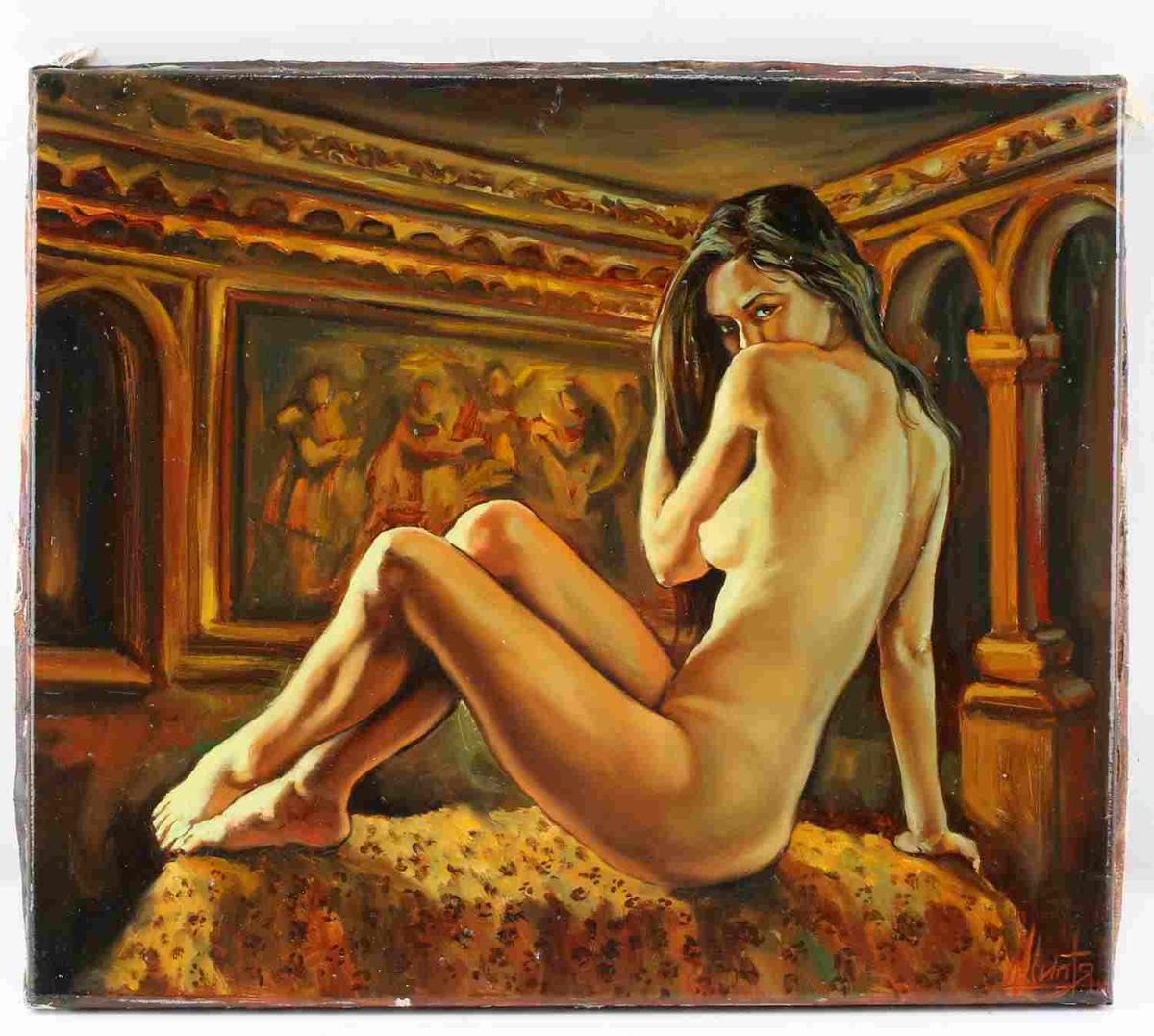 UNFRAMED OIL ON CANVAS SITTING NUDE FEMALE CLASSIC