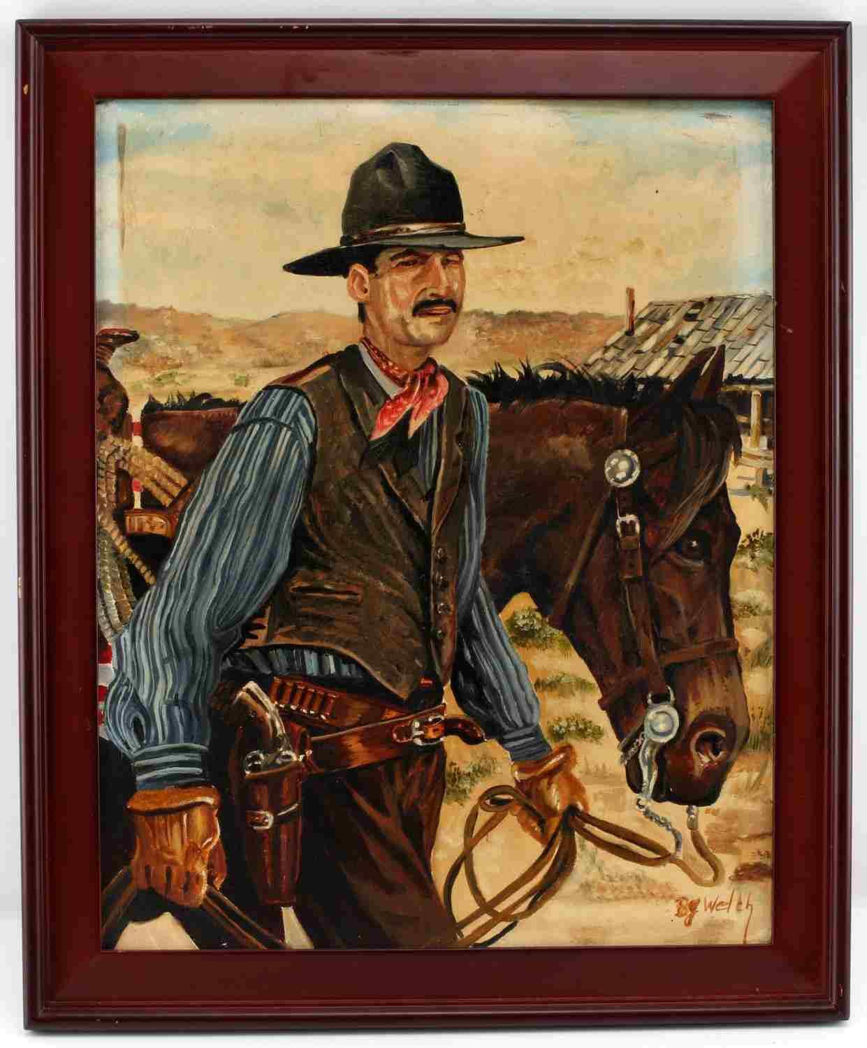 OIL ON CANVAS FRAMED PAINTING OF COWBOY AND HORSE