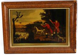 TWO ENGLISH FRAMED PAINTED GLASS HUNTING SCENES