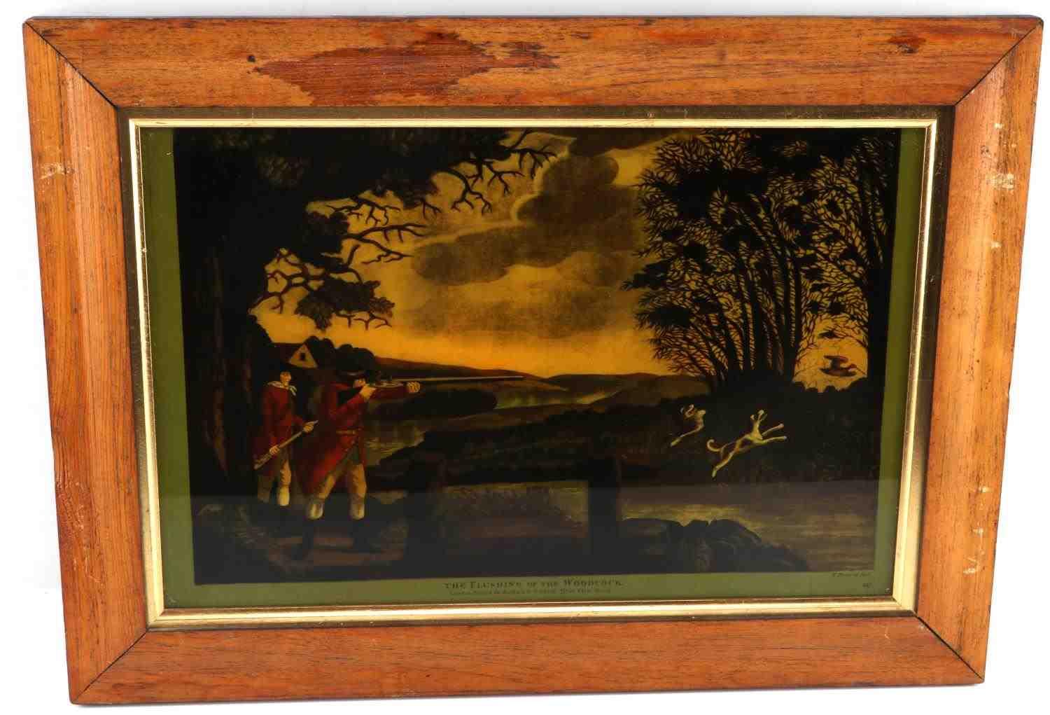 TWO ENGLISH FRAMED PAINTED GLASS HUNTING SCENES