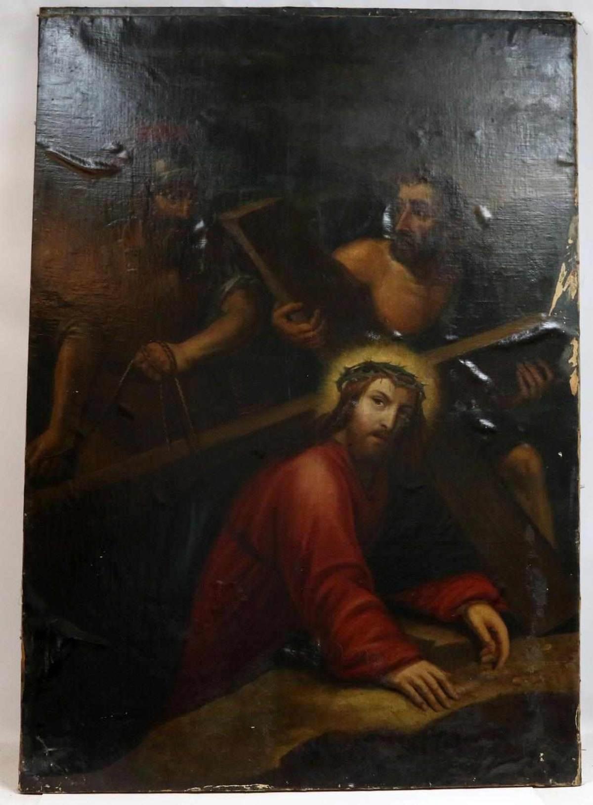 TWO OIL ON CANVAS STATIONS OF THE CROSS PAINTINGS
