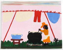 FRANK HUNTER FOLK ART PAINTING OF WOMAN COOKING