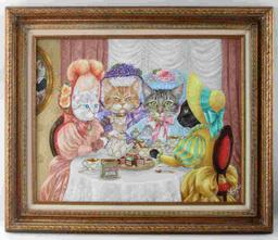 RON ROPHAR FRAMED PAINTING OF CATS HAVING TEA