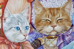 RON ROPHAR FRAMED PAINTING OF CATS HAVING TEA