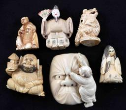 ANTIQUE NETSUKE LOT OF 6 BONE HIPPO WALRUS