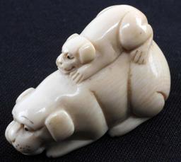 2 MAMMOTH TUSK DOG WITH PUPPY ANTIQUE NETSUKE