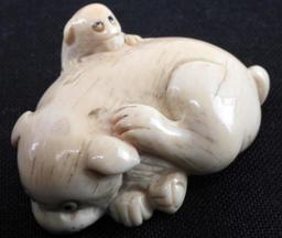 2 MAMMOTH TUSK DOG WITH PUPPY ANTIQUE NETSUKE