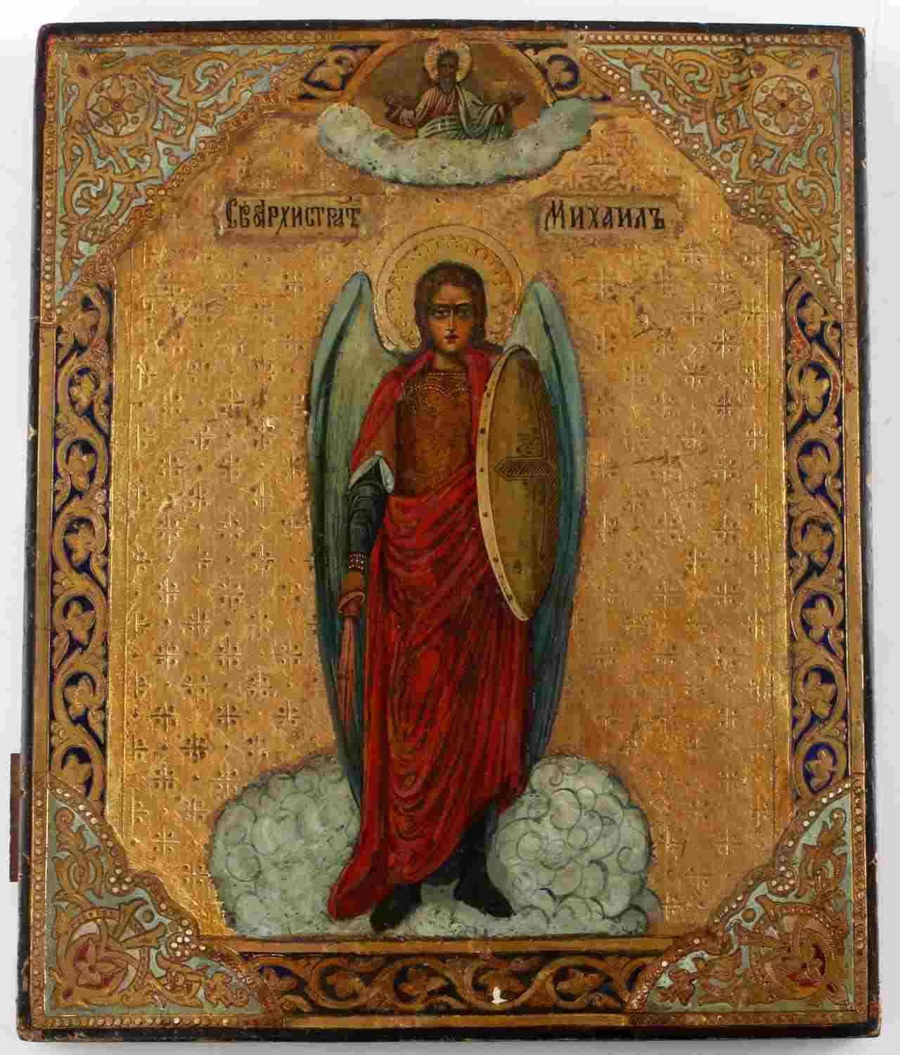 ANTIQUE 19TH CENTURY GILDED ICON OF ST. MICHAEL