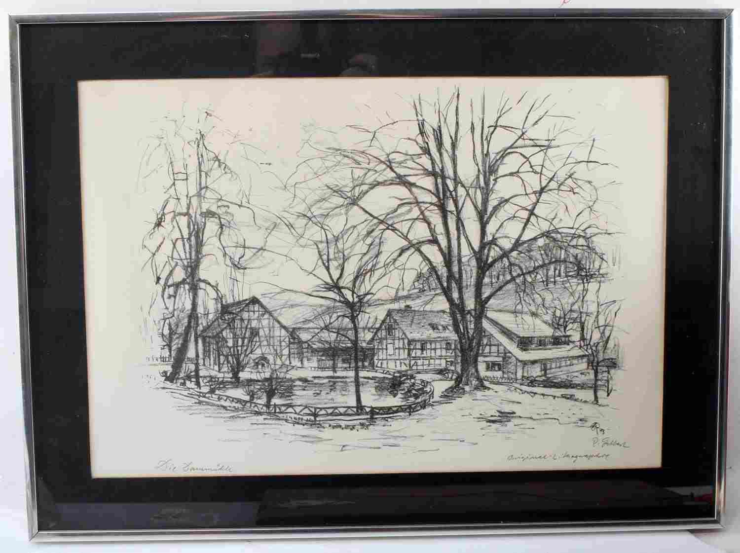BLACK & WHITE LITHOGRAPH OF HOMES IN LANDSCAPE