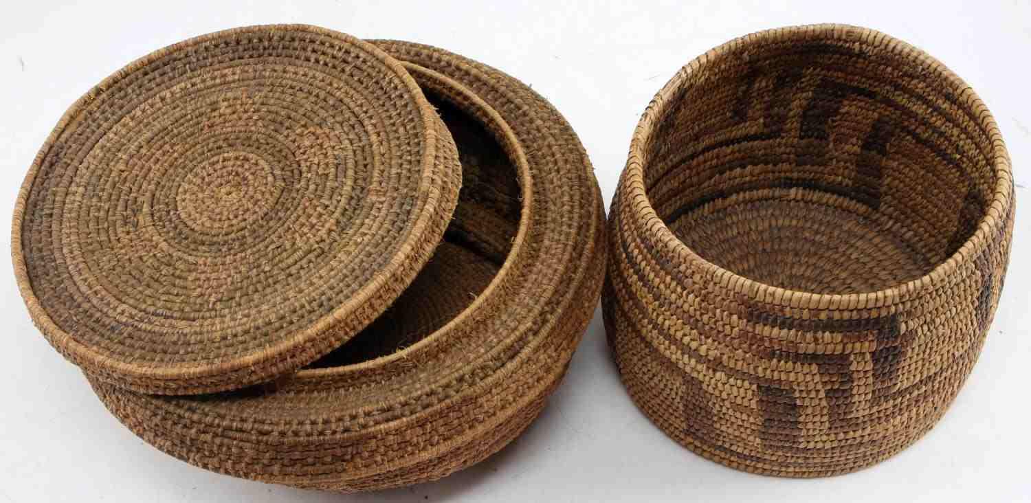 2 NATIVE AMERICAN INDIAN TRIPLE COIL WOVEN BASKETS