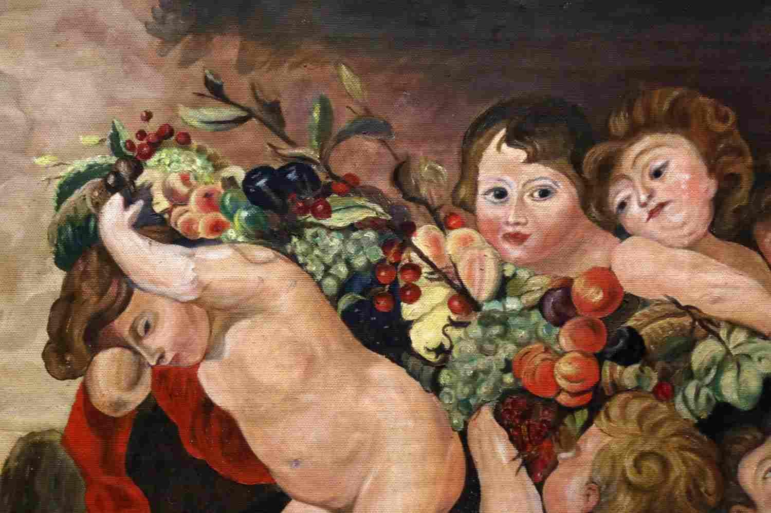 OIL ON CANVAS PAINTING OF PUTTI CARRYING GARLANDS