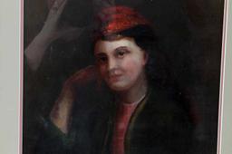 BUST LENGTH OIL PORTRAIT OF WOMAN WEARING RED CAP