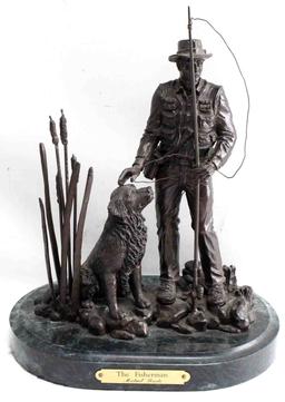 MICHAEL ROCHE BRONZE FISHERMAN W DOG