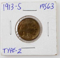 1913-S BUFFALO NICKEL TYPE 1 & 2 MS 63