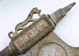 ARCHAIC CHINESE BRONZE AXE WITH JADE INLAY W COA