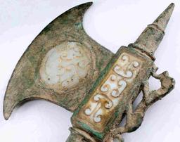 ARCHAIC CHINESE BRONZE AXE WITH JADE INLAY W COA