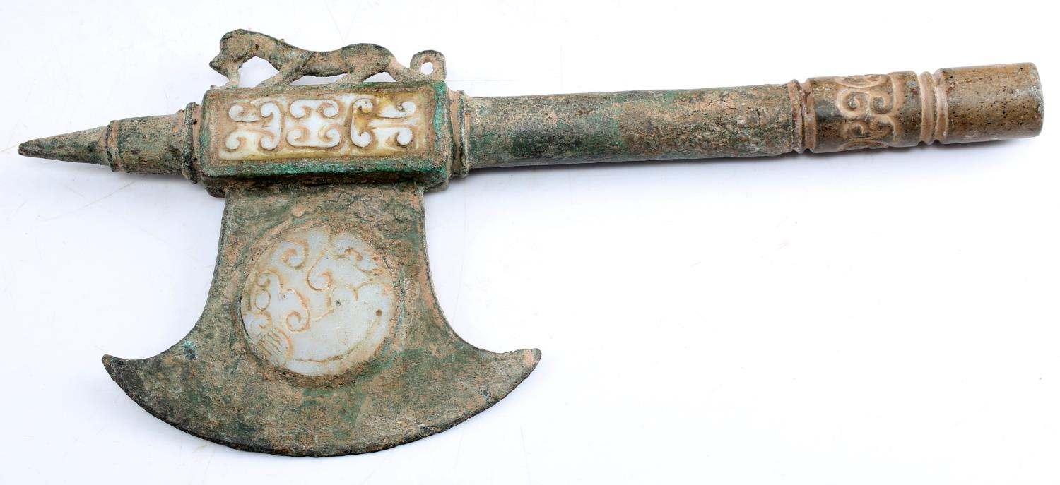 ARCHAIC CHINESE BRONZE AXE WITH JADE INLAY W COA