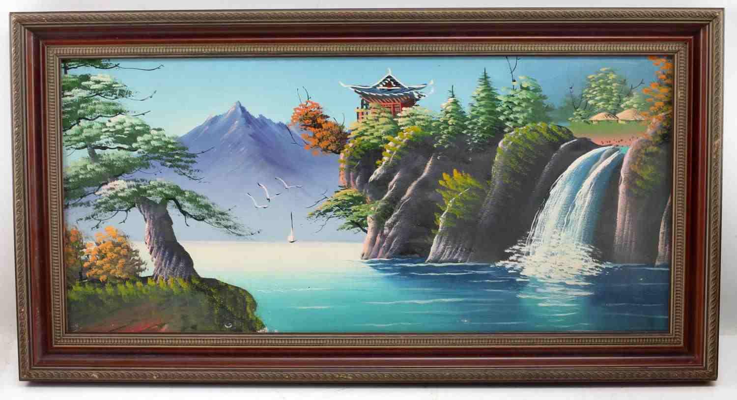 ASIAN OIL ON CANVAS PAINTING PAGODA W WATERFALL