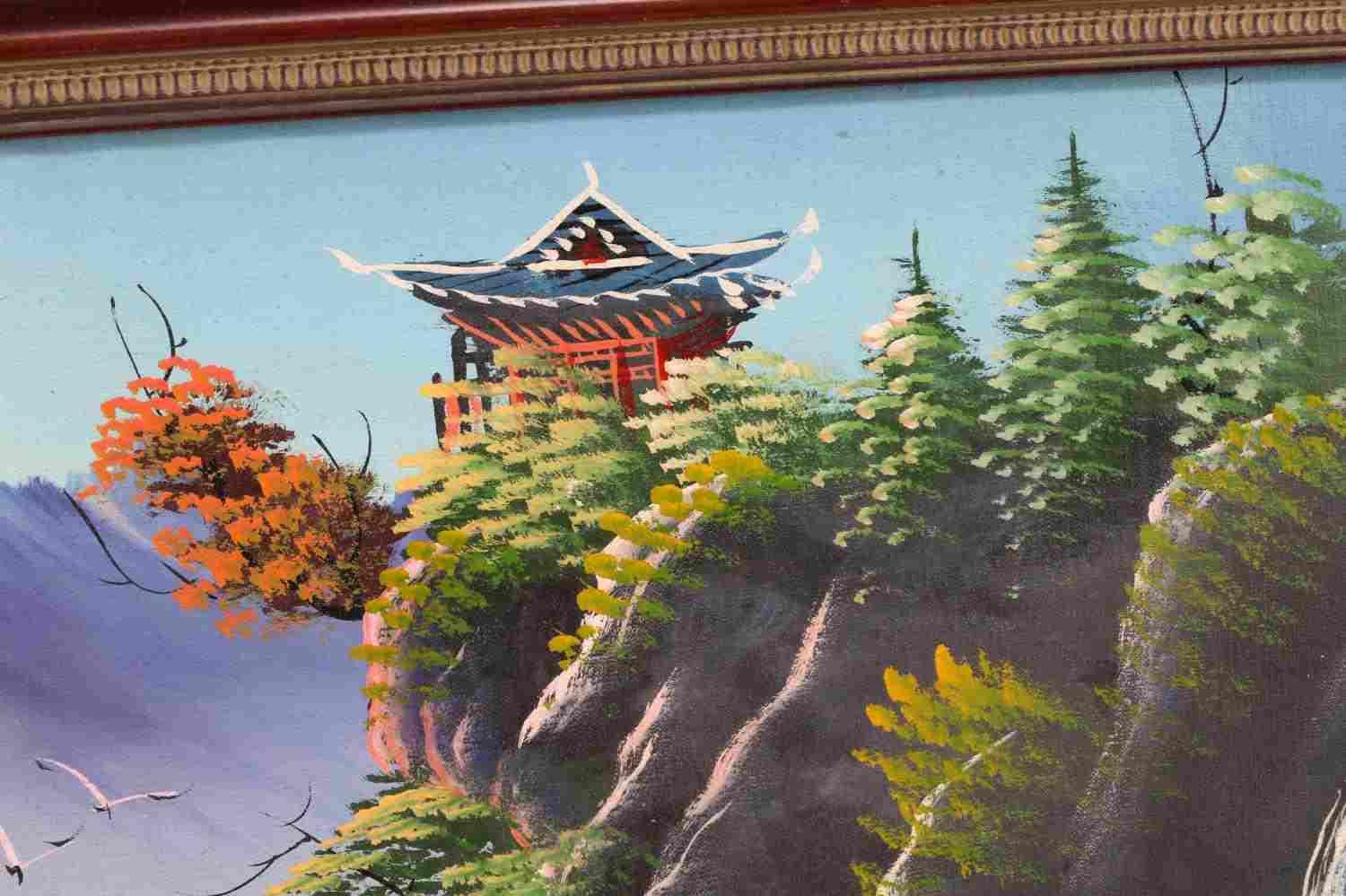 ASIAN OIL ON CANVAS PAINTING PAGODA W WATERFALL