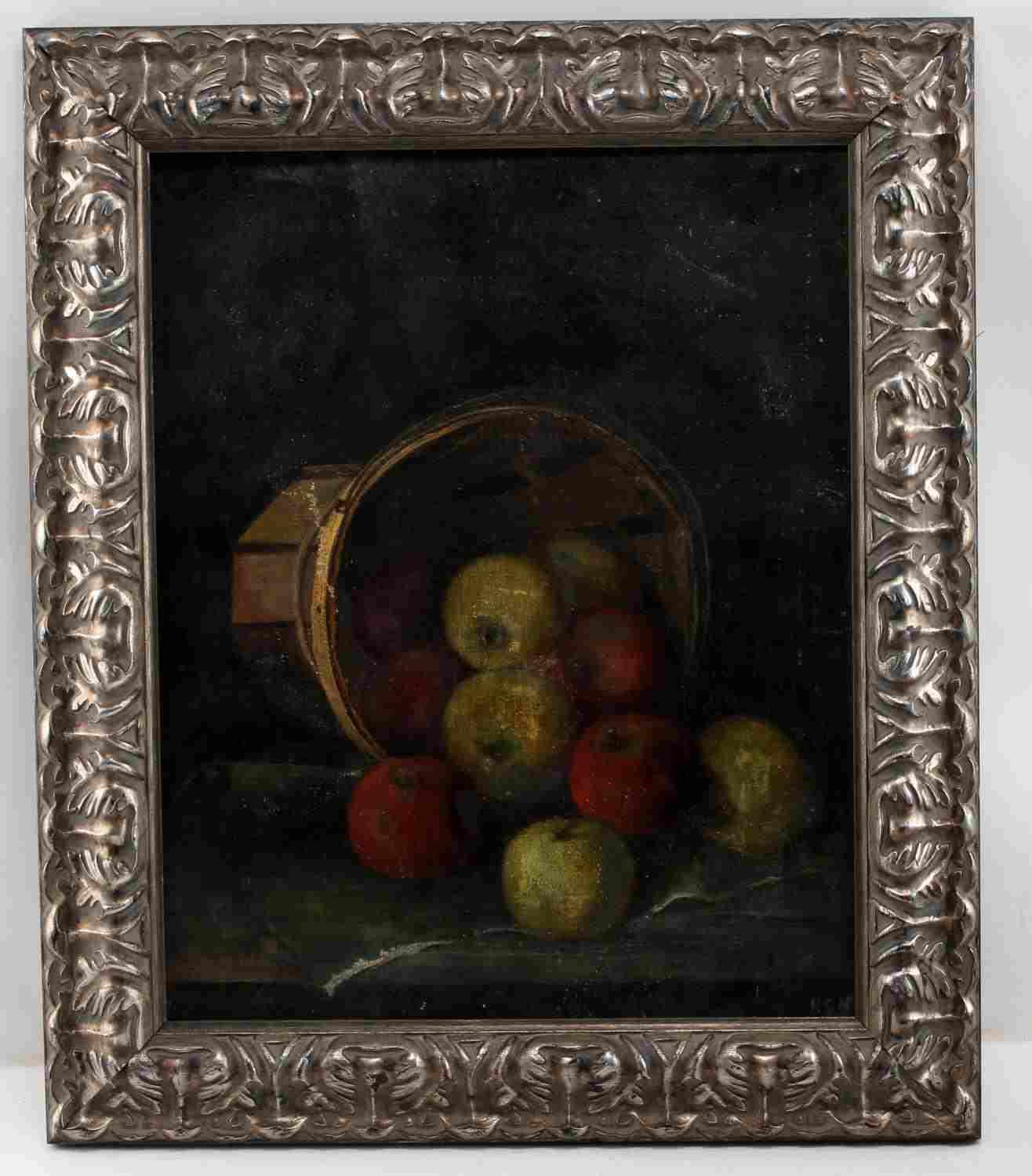 OIL ON CANVAS STILL LIFE OF APPLES IN BASKET