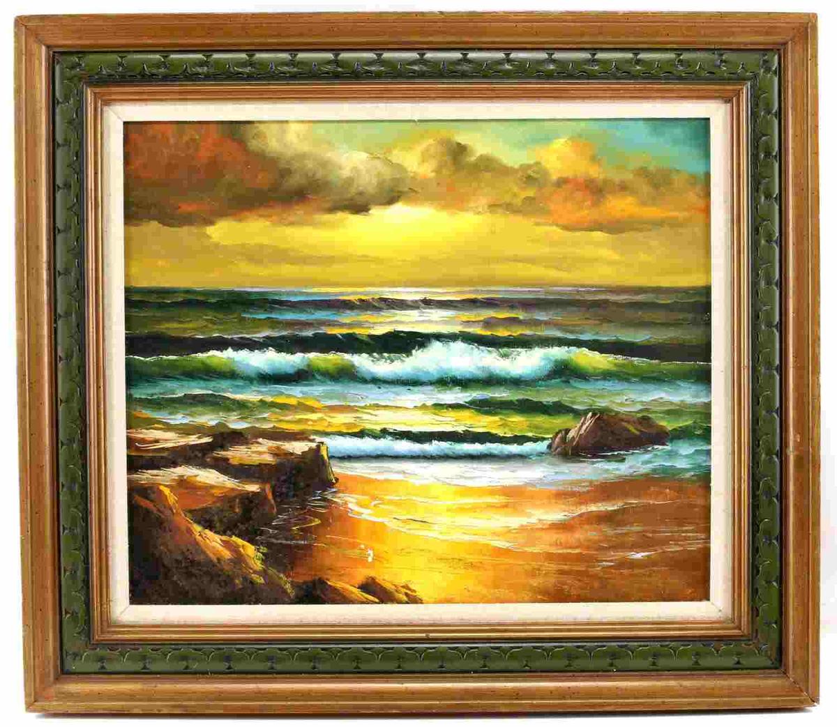 FRAMED OIL ON CANVAS COLORFUL SEASCAPE PAINTING