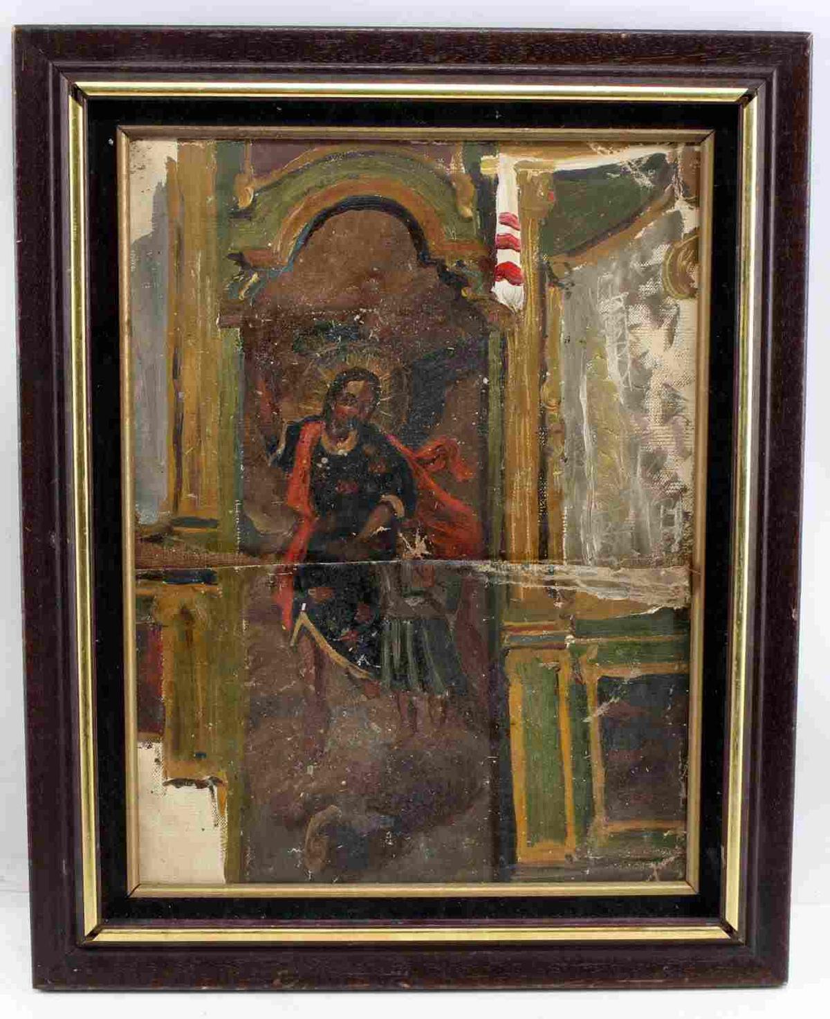 OIL ON CANVAS FRAMED RUSSIAN ICON SAINT & FIGURE