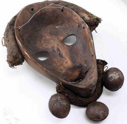 AFRICAN WOODEN CARVED DANCE DAN MASK W BELLS