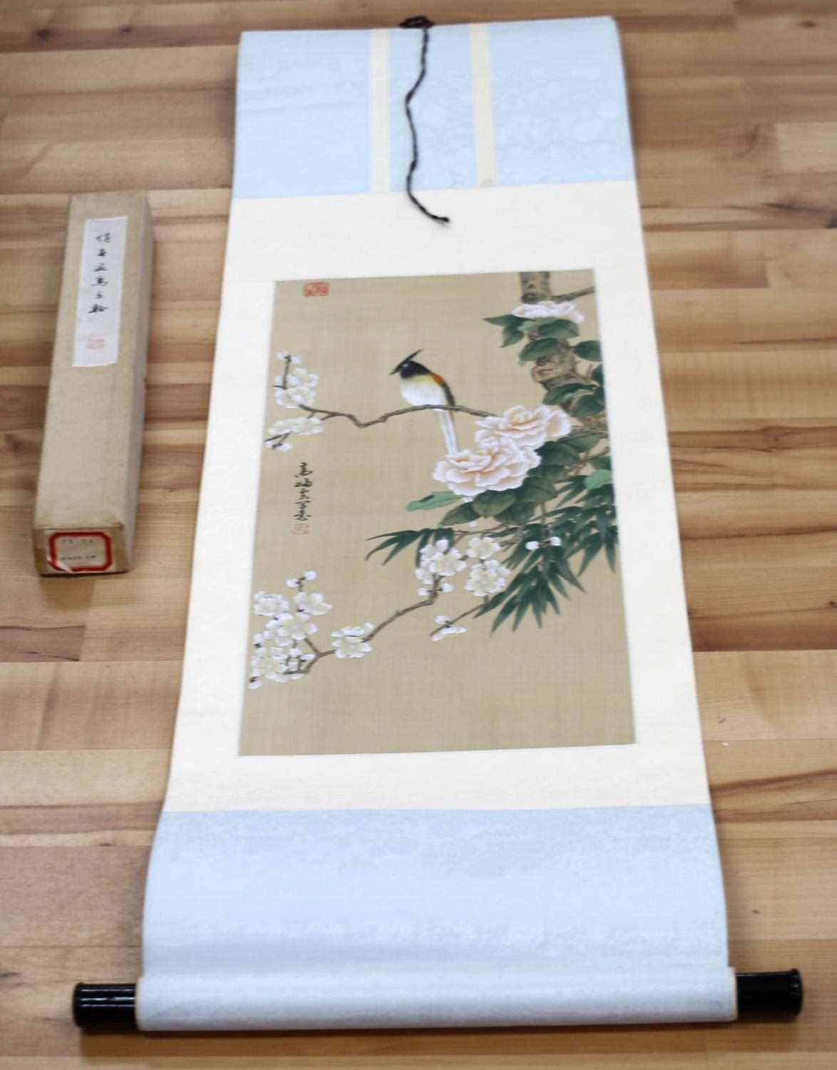 BIRD IN TREE JAPANESE PAINTING ON SILK SCROLL