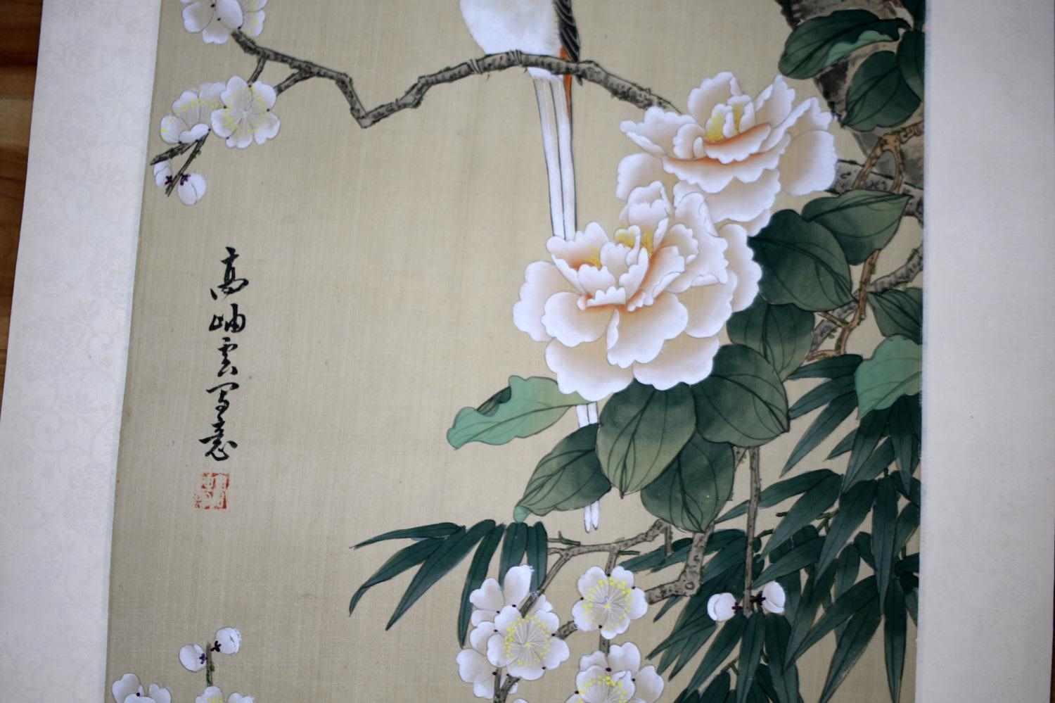 BIRD IN TREE JAPANESE PAINTING ON SILK SCROLL