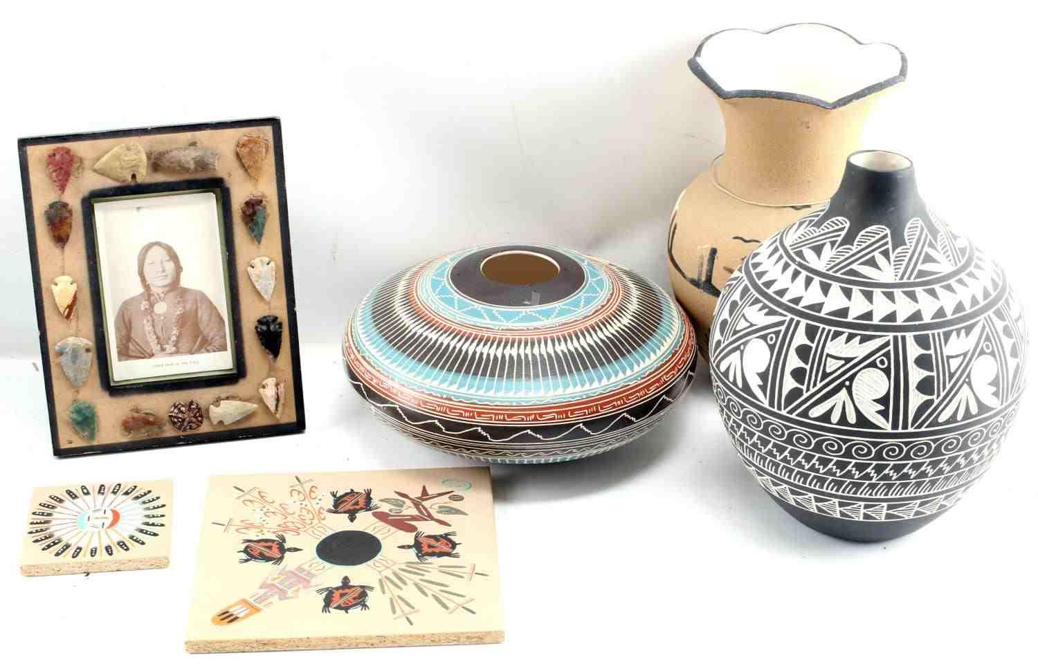 LOT OF 5 NATIVE AMERICAN SANTE FE VASES SAND ART