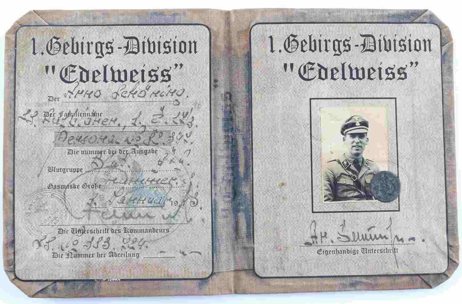 WWII GERMAN WAFFEN SS EDELWEISS OFFICER ID BOOK