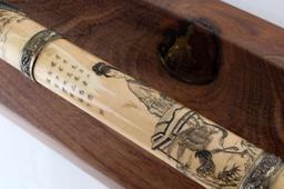 WALRUS TUSK ETCHED IVORY OPIUM PIPE WITH SILVER