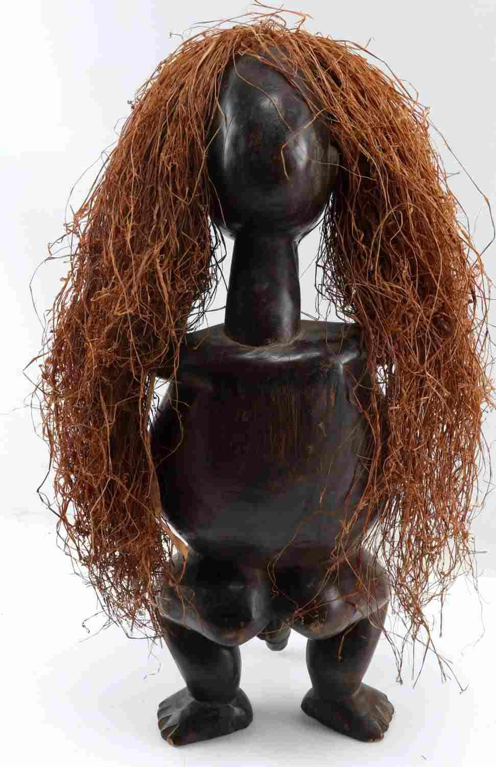 AFRICAN FERTILITY WOOD STATUE WITH RAFFIA PHALLIC