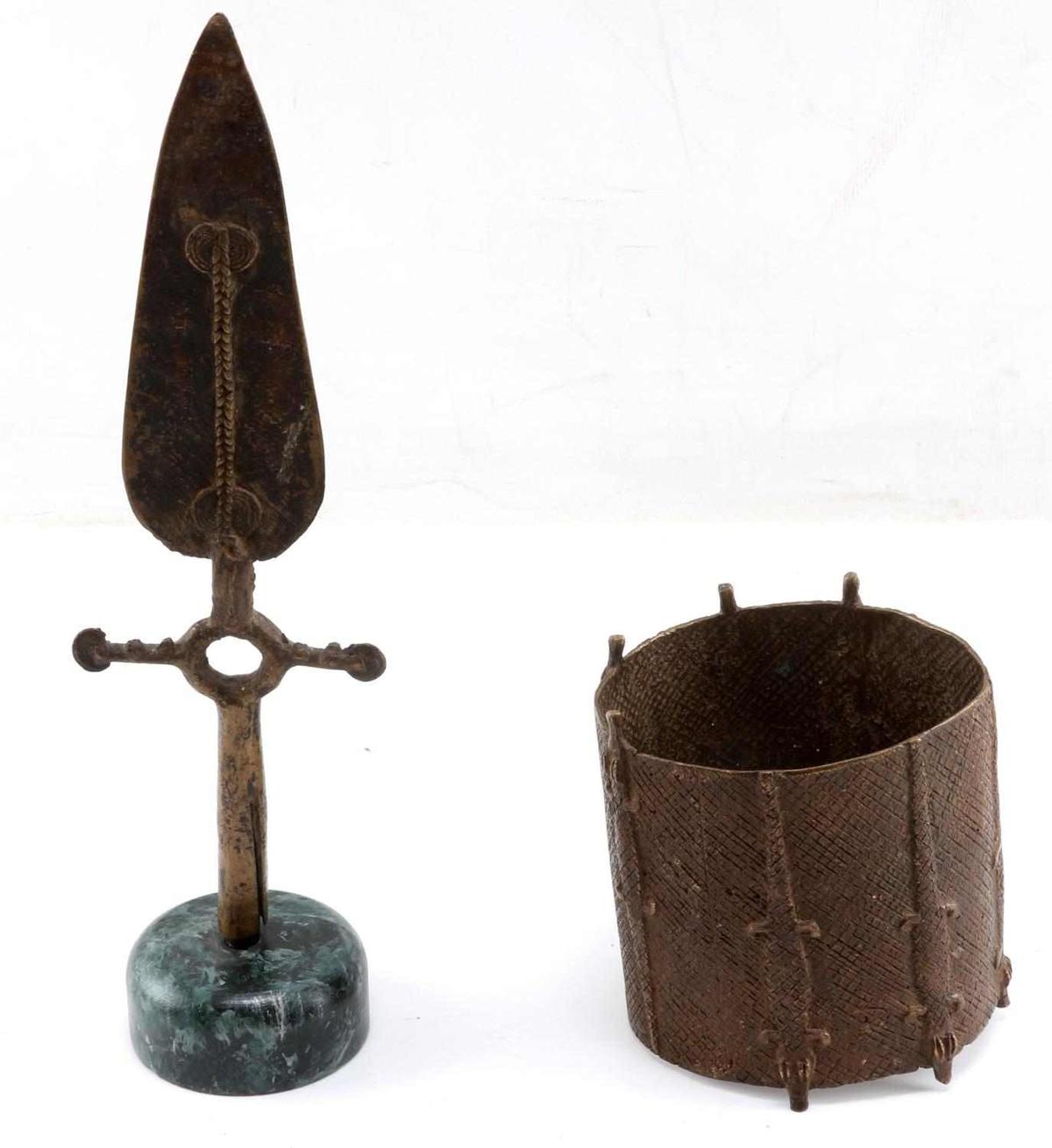 BRONZE ASHANTI CYLINDER CUFF & AFRICAN SPEAR