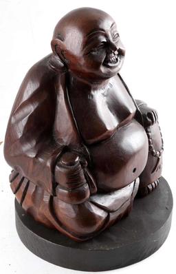 HAND CARVED WOODEN LAUGHING BUDDHA SCULPTURE