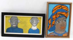 LOT OF TWO MODERN AFRICAN PAINTINGS FABRIC CANVAS