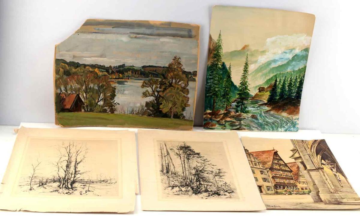 WWII ERA ART PRINT AND WATER COLOR LANDSCAPE LOT