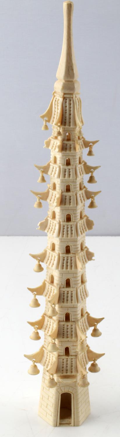ANTIQUE CRAVED IVORY PAGODA TOWER WITH BELLS