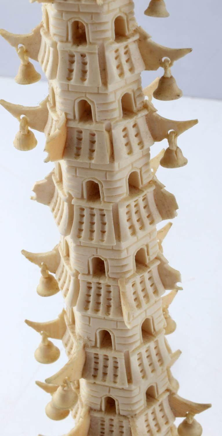 ANTIQUE CRAVED IVORY PAGODA TOWER WITH BELLS