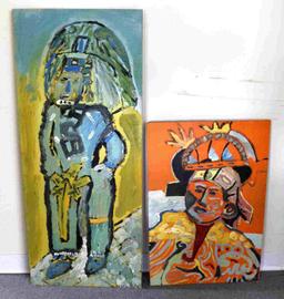 LOT OF TWO MODERNIST AZTEC FIGURAL PAINTINGS
