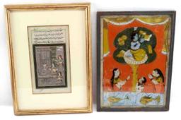LOT OF TWO INDIAN PAINTINGS GLASS & MANUSCRIPT