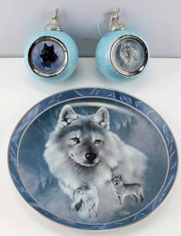 BRADFORD EXCHANGE CHRISTMAS WOLF ORNAMENTS & PLATE