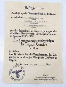 WWII GERMAN SPANISH CONDOR TANK BADGE DOCUMENT