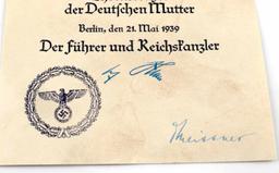 WWII GERMAN THIRD REICH MOTHER'S CROSS AWARD PAPER