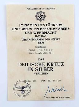 WWII GERMAN THIRD REICH CROSS IN SILVER DOCUMENT